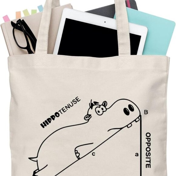Canvas Tote Bag Funny Hippo Math Quote Unisex Casual Reusable Shopper - Picture 1 of 7